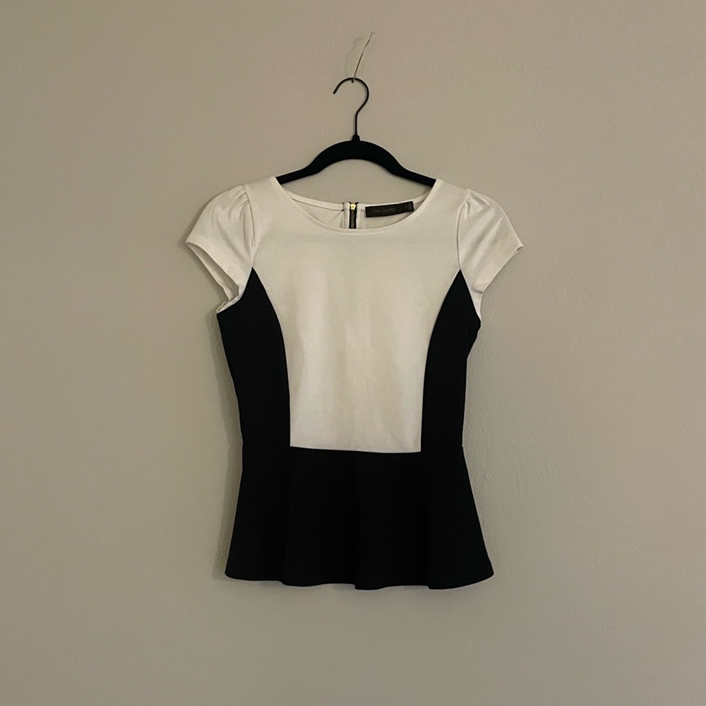THE LIMITED Black & Cream Short-Sleeve Peplum Top